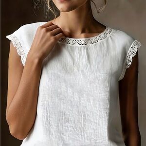 White Linen Crochet-Trim Cap Sleeve Blouse